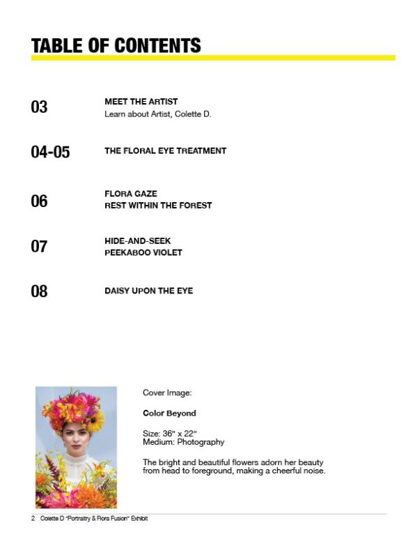 table of contents of art exhibit brochure